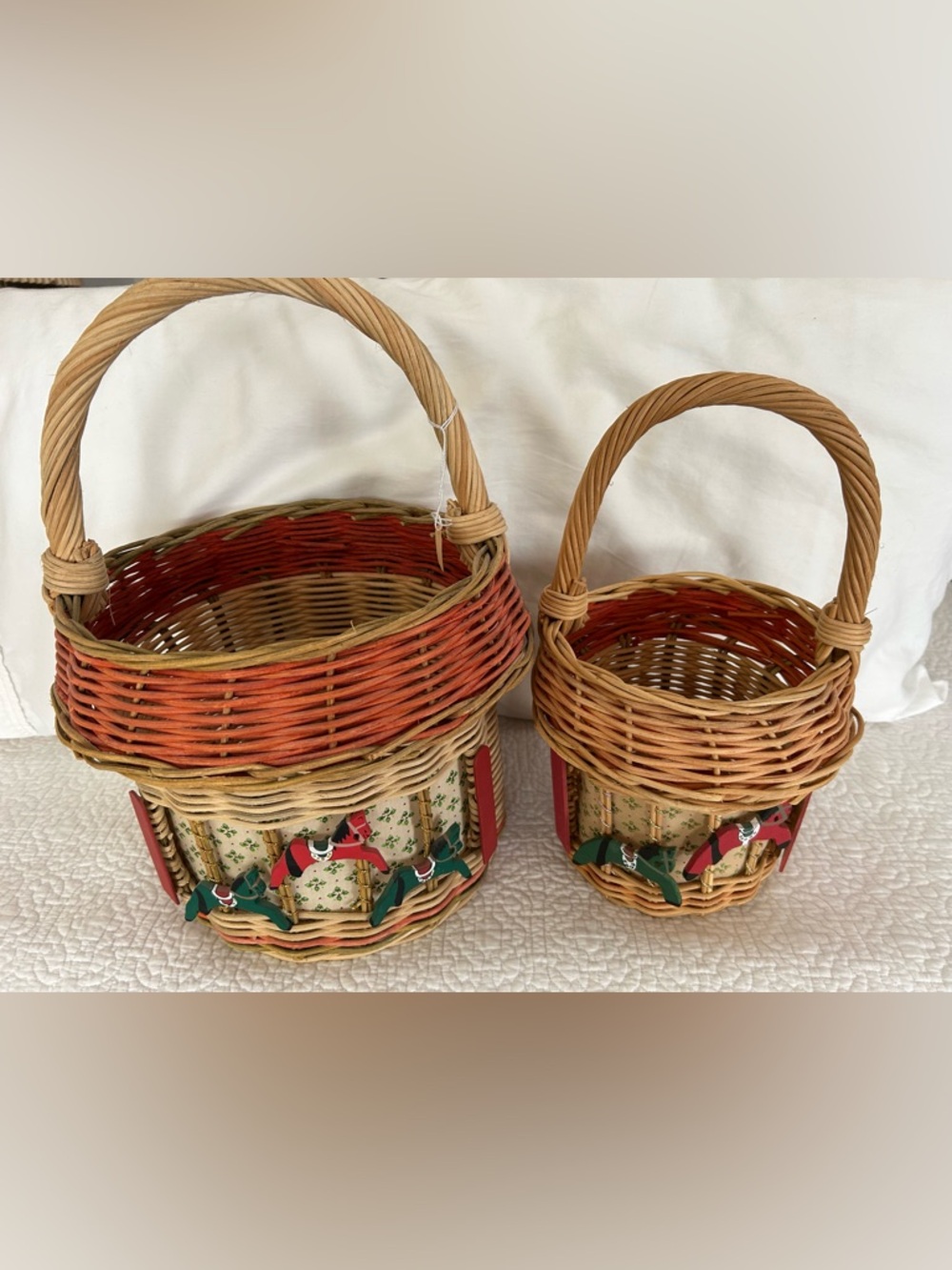 Handmade in Philippines Wicker Basket Pair w Red,green&Natural Tones/ horses